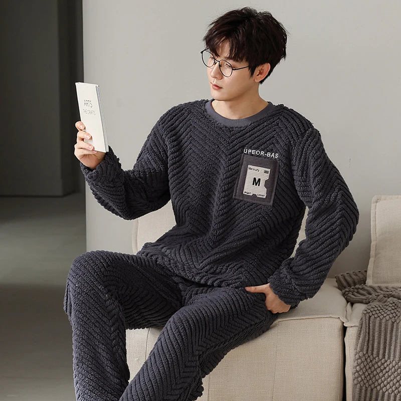 Korean Men's Pajamas Coral Fleece Autumn and Winter 2025 Men's Warm Flannel Fleece-lined Thickened Homewear Set pyjama homme