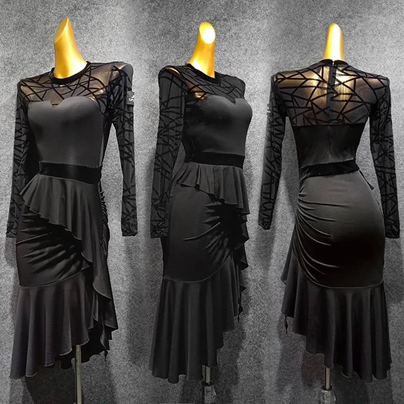 

Платье для латинских танцев для женщин, тренировочная одежда, черные танцевальные платья с длинными рукавами, стандартный наряд для танго, одежда для латинских танцев 4135