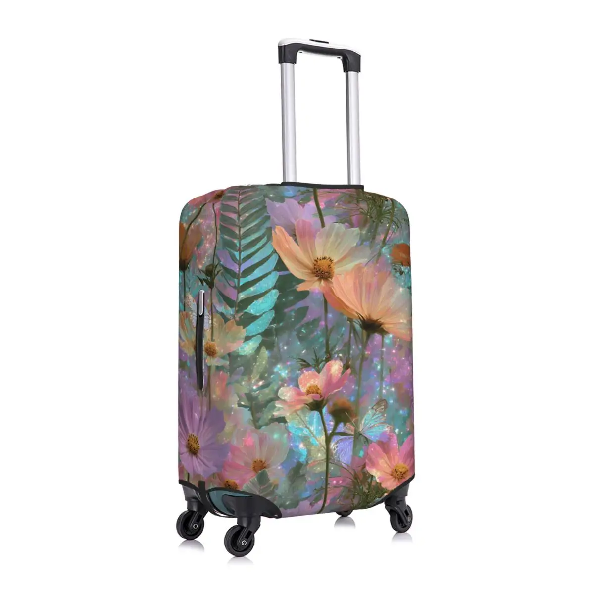 Dreamy Glitter Cosmos Fern Floral Travel Luggage Cover Washable Suitcase Cover Protector Fit 18-32 Inch
