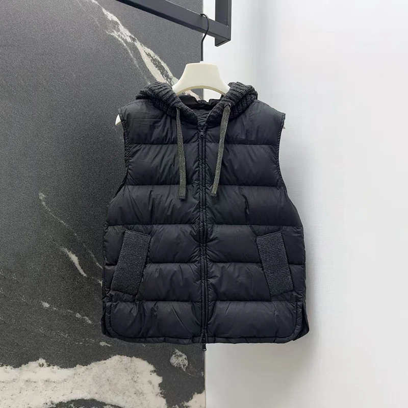 Ladies' wool patchwork hooded down vest, fashionable and versatile sleeveless jacket, high-quality warm top, autumn and winter,