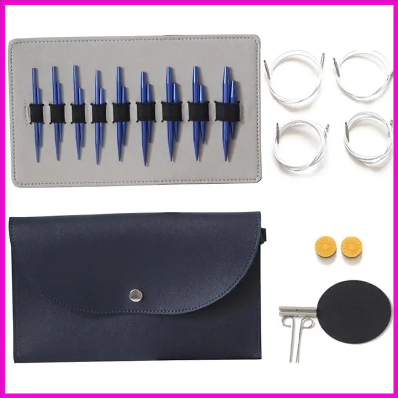 

57BE 9Pairs Aluminum Interchangeable Circular Knitting Needle Set with Leather Case for Knitting Weaving Sweater Sock Scarf