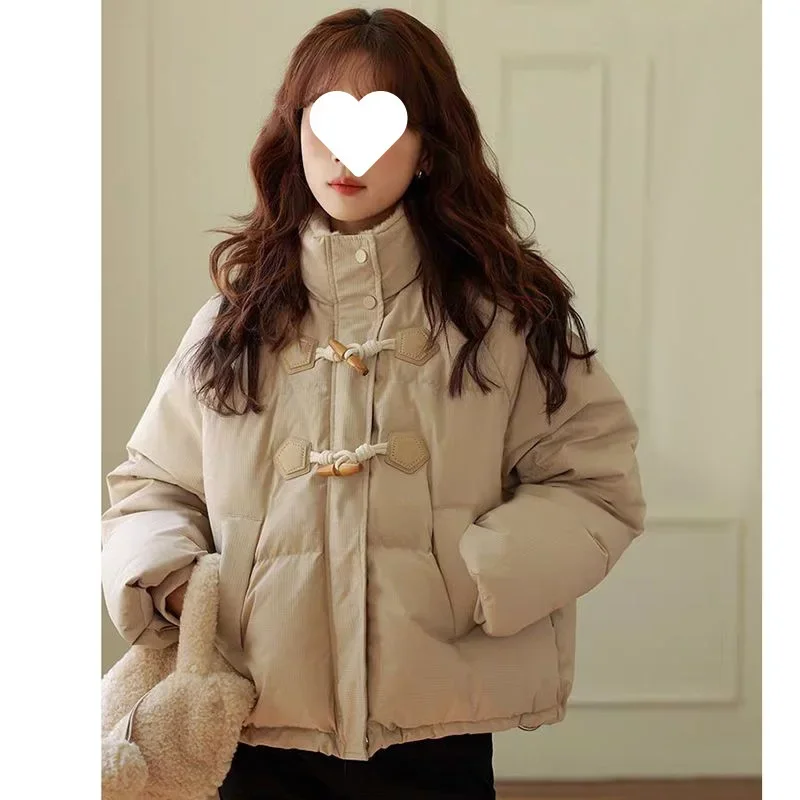 2024 New Winter Women's Horn Button Puffer Jacket Loose Fit Cotton Coat Korean Style Cropped Padded Jacket Thickened Jacket