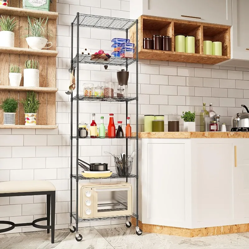 

4-Tier Storage Shelving Unit with Wheels, Metal Rolling Storage Shelves Adjustable for Kitchen Garage Pantry Office