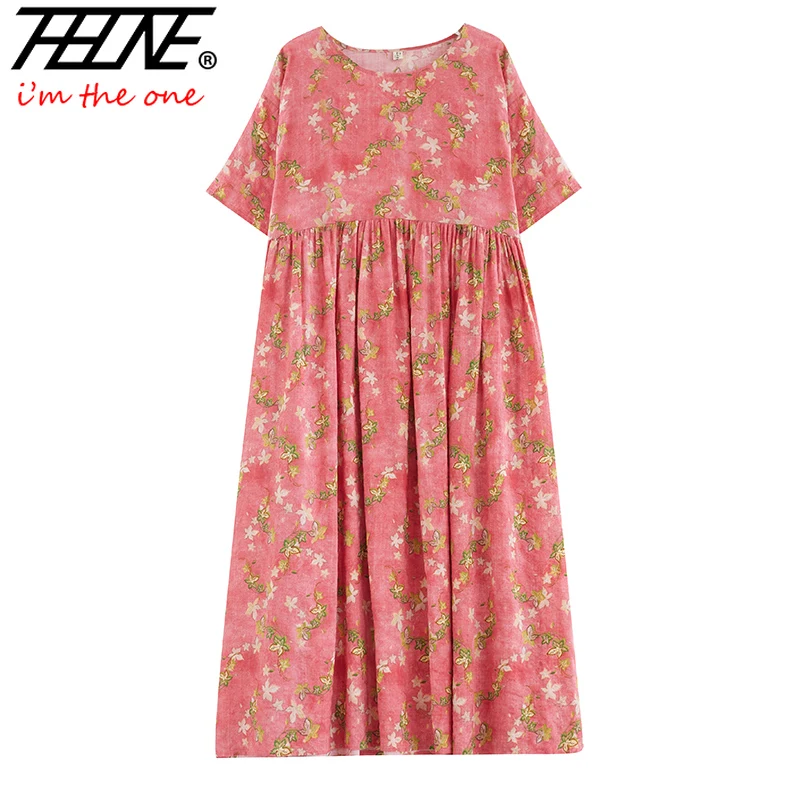 Oversized Plus Size Bohemian Print Maxi Long Dresses Ready Stock Dress for Women Floral Casual Cotton Linen Loose Vestidos Robe