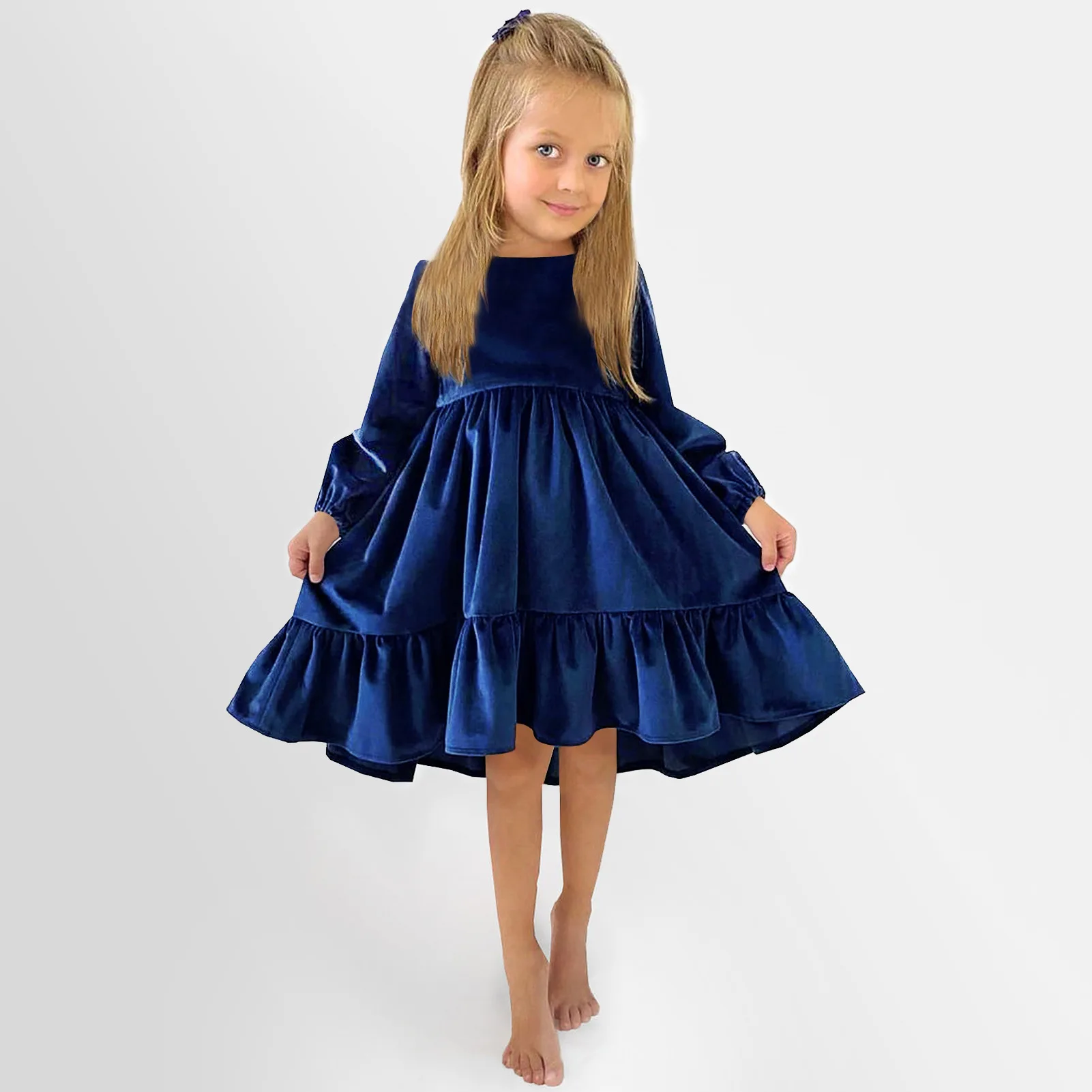 

Fashion Girl Princess Dress Vintage Long Sleeves Vestido Solid Velvet Fabric Ruffle Spliced Dress Festa Birthday Party 7-12Y