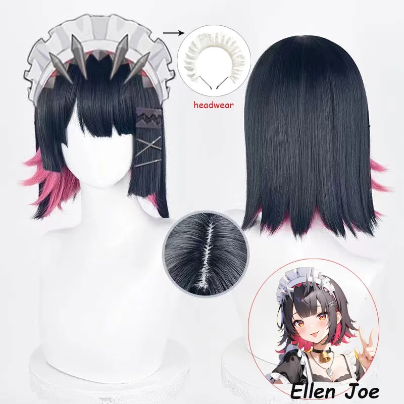 Ellen Joe Cosplay Game Zenless Zone Zero Wig Short Black Dark Red Mix Hair Lolita Headwear Full Sets Women Men Halloween Props