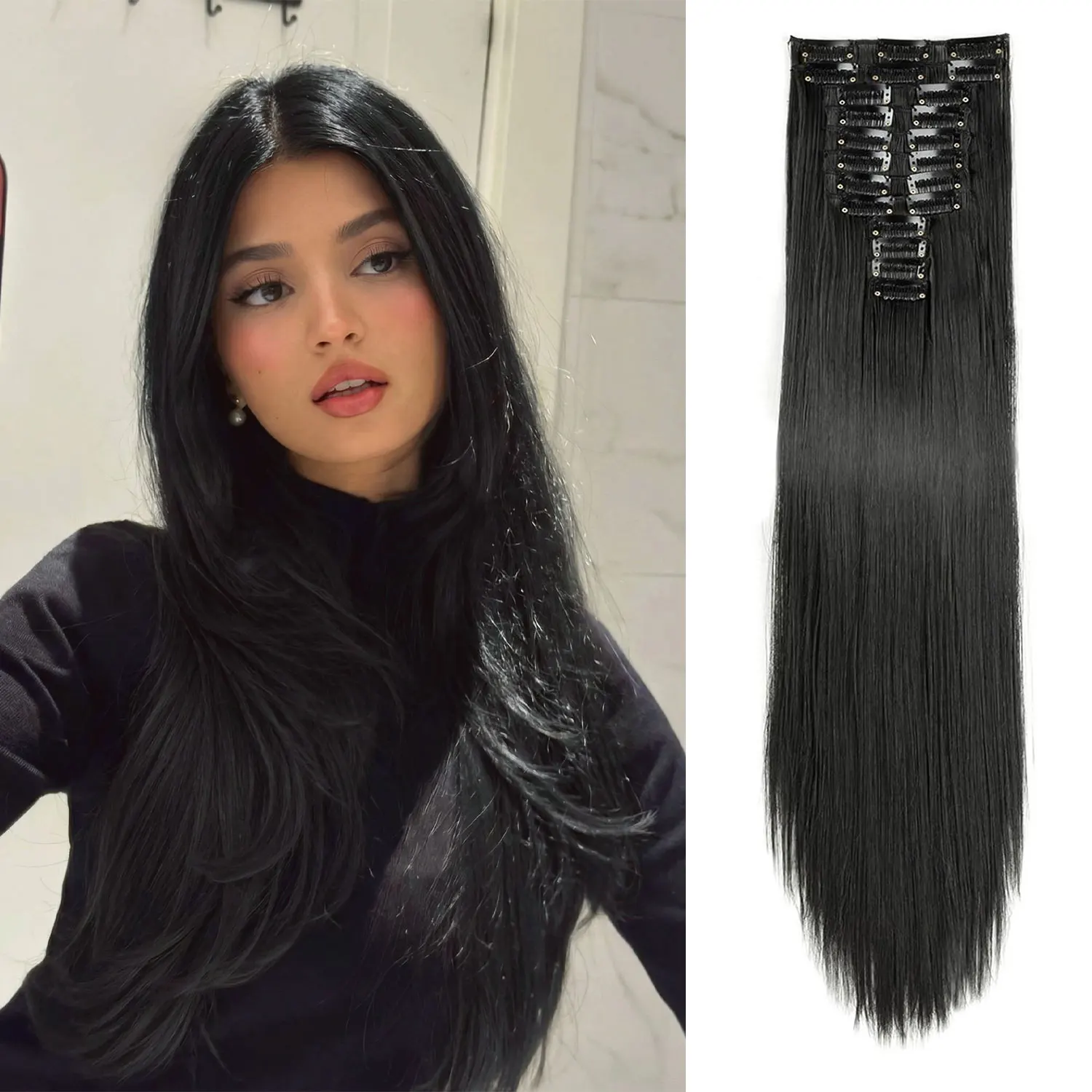 

Синтетические накладные пряди для волос, 12 шт./компл., 22 дюйма, прямые, черные, коричневые, розовые, для женщин и девушек, на каждый день, для вечеринок и праздников