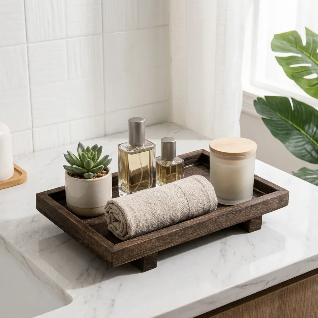 Plateau de rangement en bois rétro pour bureau, organisateur de cosmétiques pour salle de bain, présentoir pour parfums, étagère de rangement pour bijoux, plateau décoratif antidérapant pour bureau.