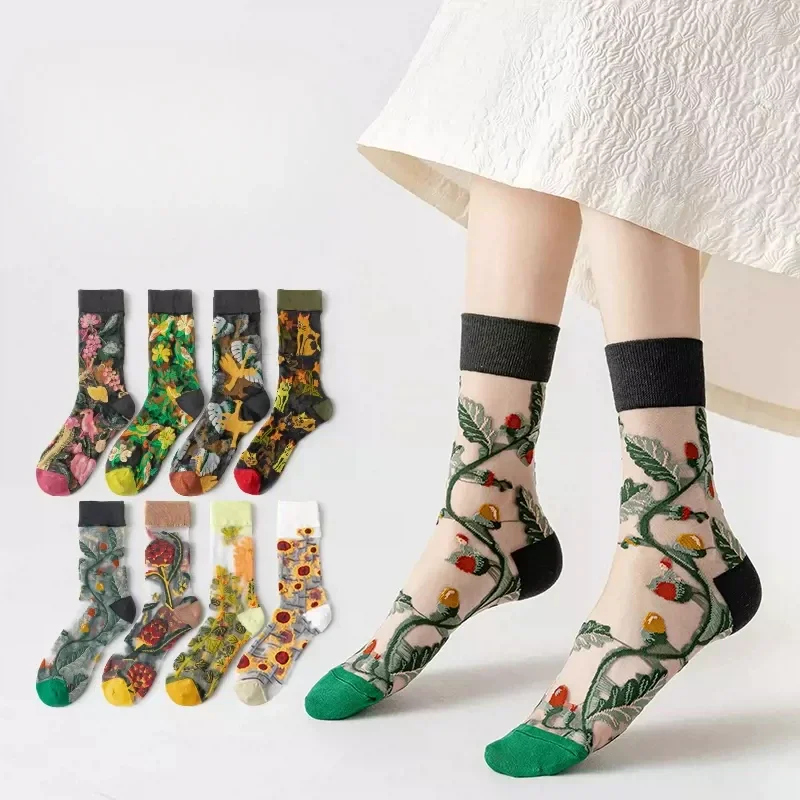 Summer Women Socks Floral Embroidery Ultra-thin Transparent Crystal Silk Socks Women Harajuku Vintage Elastic Nylon Long Socks