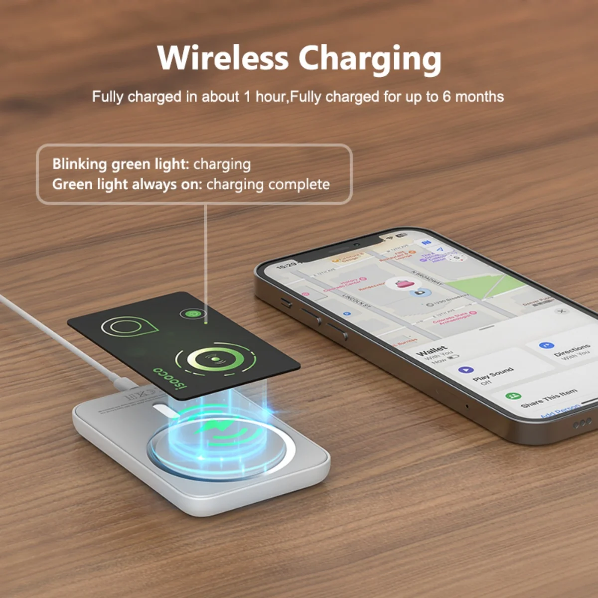 1/2 قطعة بطاقة تتبع بلوتوث للشحن اللاسلكي isooco (iOS فقط، وليس Android)، علامة الموقع الذكي، جهاز تعقب عالمي، مكتشف العناصر