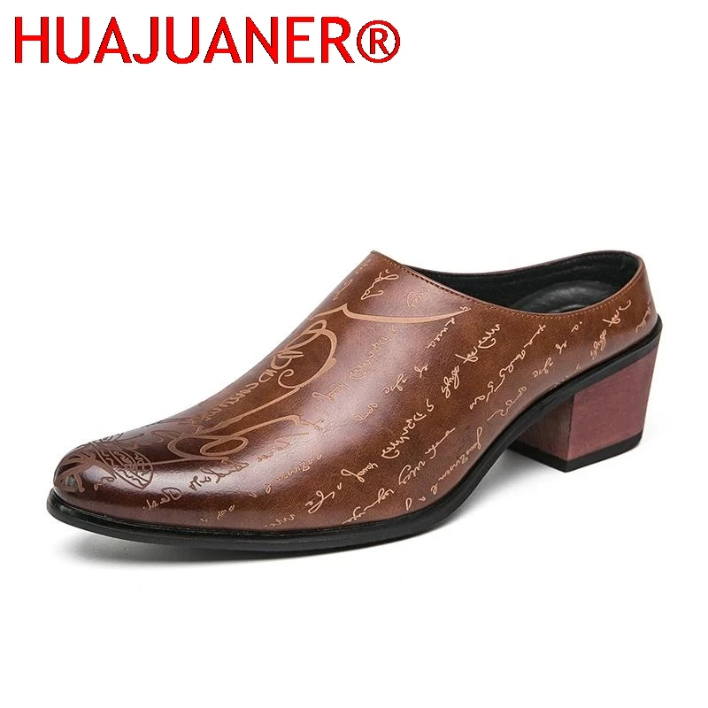 

New Summer High Heel Mules Men Half Shoes For Man Leather Slippers Mens Casual Shoes Formal Loafers Dress Male Slides Sandals