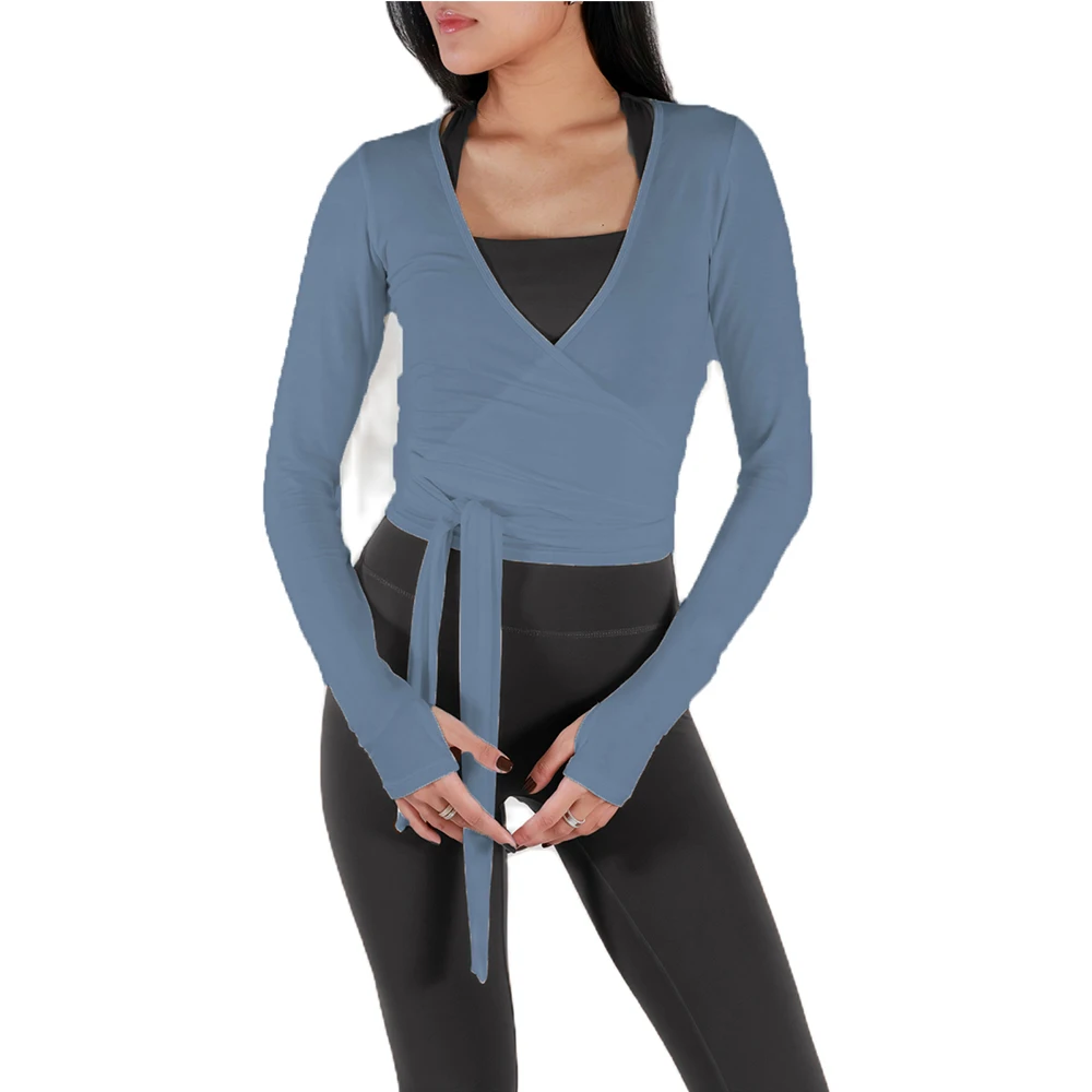 المرأة مثير التفاف المحاصيل القمم تيز كم طويل العميق الخامس رابطة عنق تجريب الباليه بيلاتيس اليوغا تي شيرت مع ثقوب الإبهام اقتصاص القمم #6