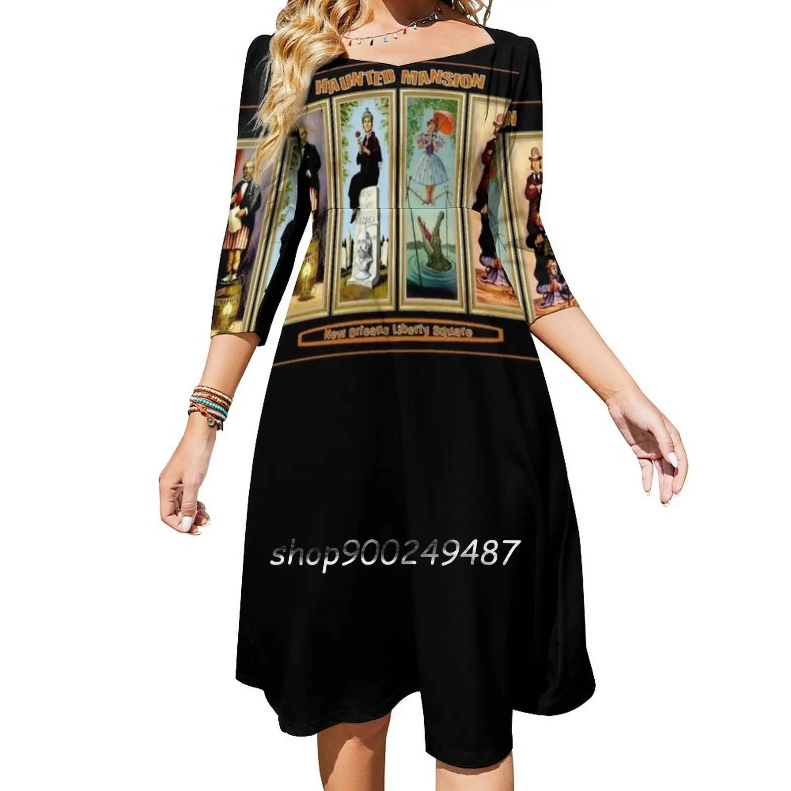 Haunted Mansion : Vintage New Orleans Liberty Square Prints. Flare Dress Square Neck Dress Elegant Female Fashion Printed Dress