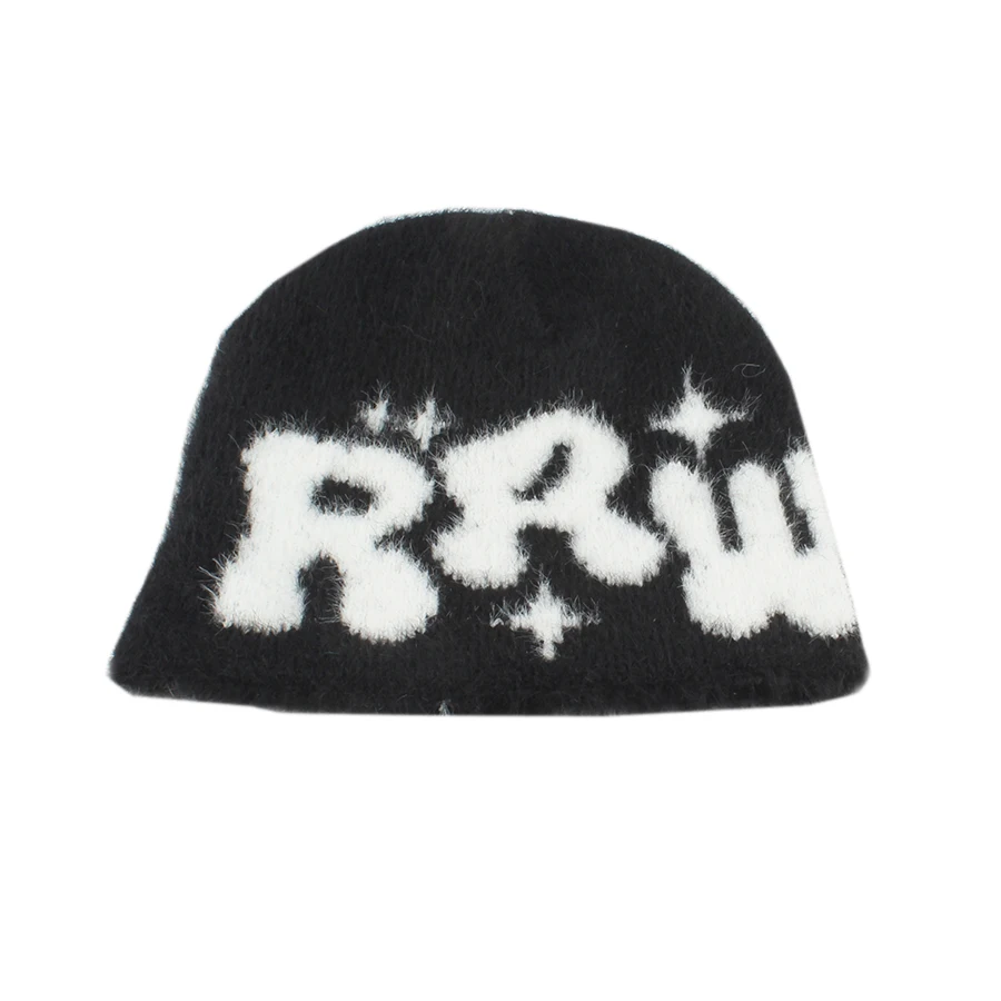 New Winter Warm Plush Beanies For Women Soft Faux Fur Knitted Hats Fluffy Y2k Letter Jacquard Outdoor Casual Skullies Bonnet Cap