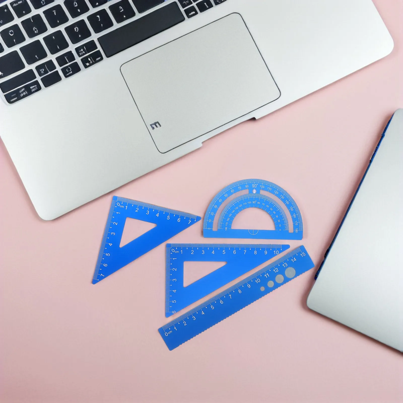 1Set Lightweight Aluminum Alloy Ruler Set Straight Edge Triangle Protractor Scale Measuring Tool for Student Exams Office
