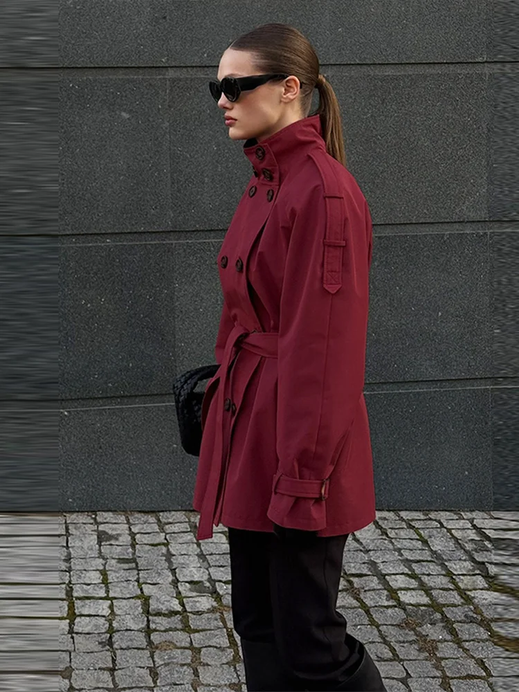Stehkragen Doppelreihiger Kurzer Trenchcoat mit Gürtel für Damen, Street-Style mit Epauletten, Langarm, Einfarbig, Locker Geschnittene Jacke, Neue Damen-Oberbekleidung – Detail 14