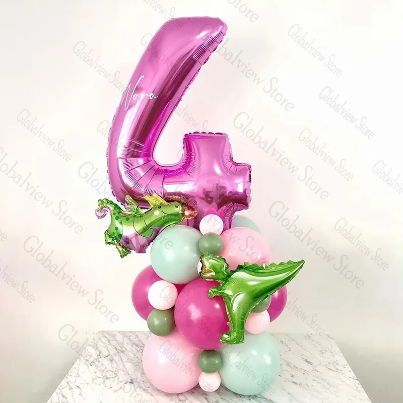 Pink Dinosaur Balloon Set Dino Foil Ballon Bouquet Dino Themed Birthday Party Decor Girl 3rd Birthday Digital Number Balloon