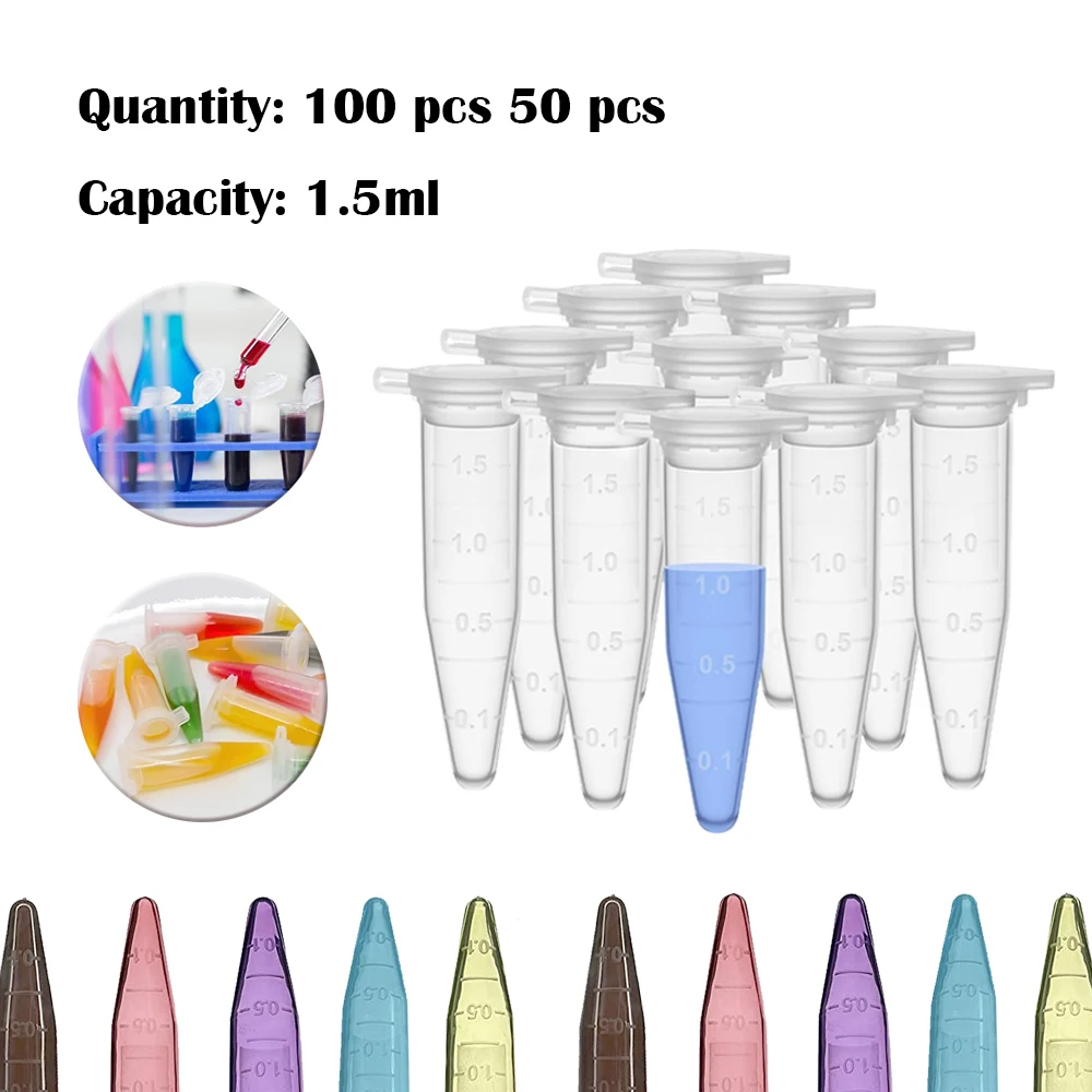 

50/100pcs 1.5ml Plastic Centrifuge Tubes with Lids - Disposable Microcentrifuge Tubes for Lab, PCR, Sample Storage & Experiments