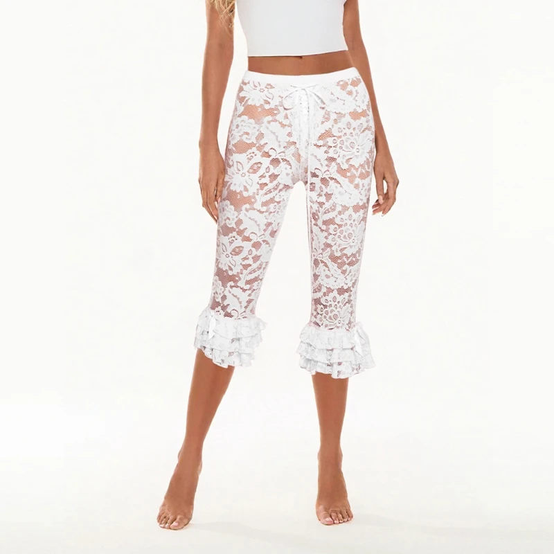 Women Floral Lace Capri Pants Coquette See-Through High Waist Ruffles Hem Trousers Summer Casual Pants Stretch Crop Leggings