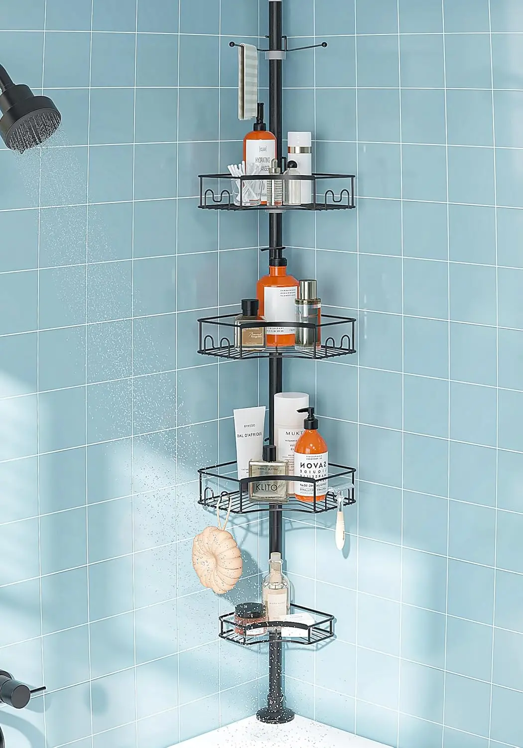 

SEIRIONE CornerShower Caddy Tension Pole, 4-Tier Rust-FreeShower Organizer Corner, Adjustable Shower Shelf for Inside Shower