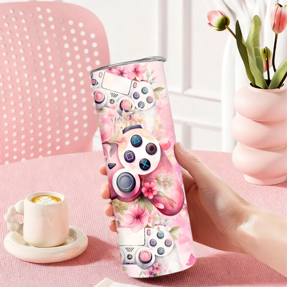 1pc Pink Floral & Game Controller Pattern Stainless Steel Water Bottle with Straw — 20oz (591ml)