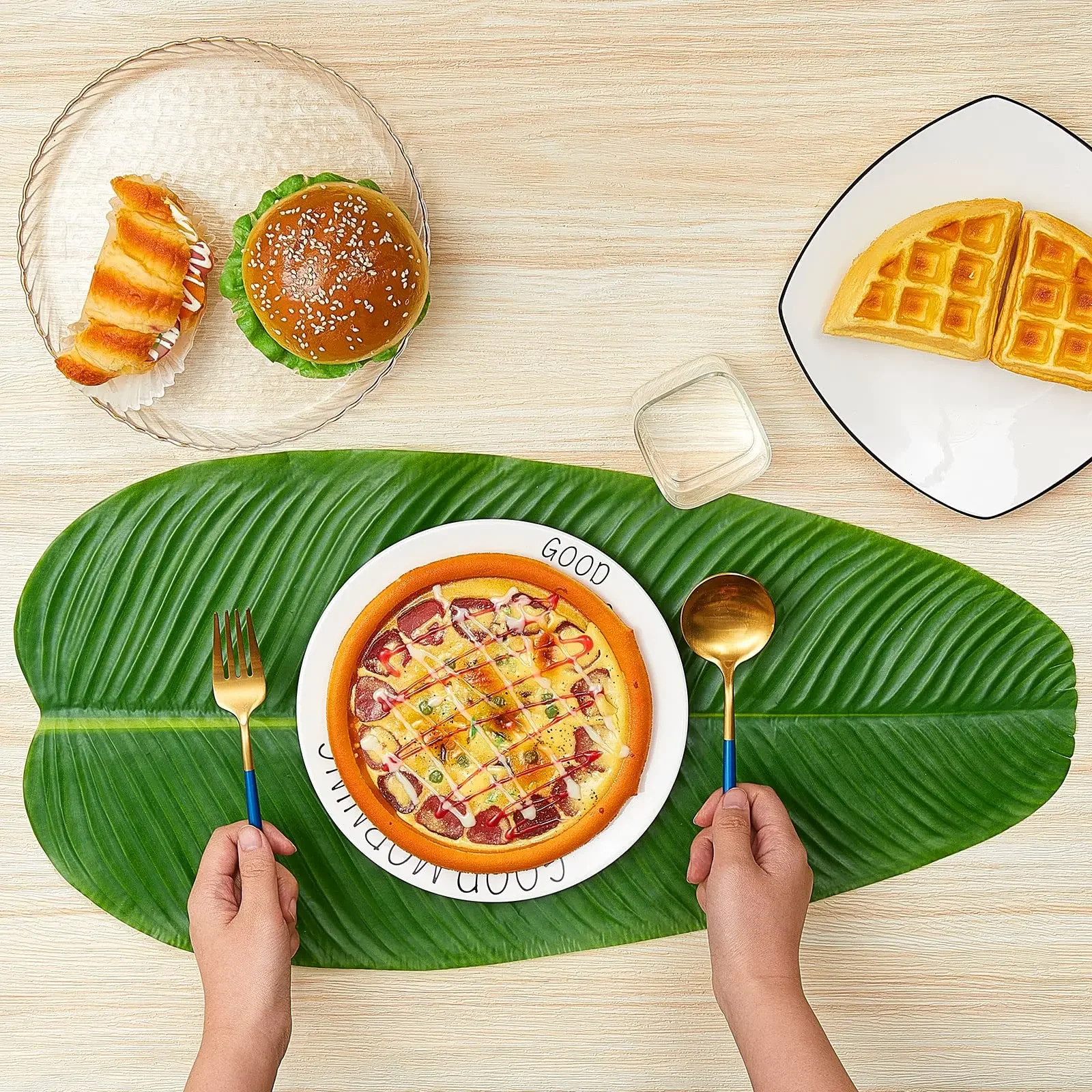 5 قطعة أوراق الموز الاصطناعية الجدول الديكور مقاوم للماء أوراق شجرة النخيل فو لوتس ليف هاواي حفلة المنزل مكان حصيرة #2