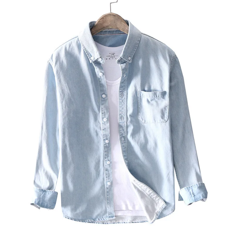 #4402 100% Cotton Denim Shirt Men Long Sleeve Washed Vintage Shirt For Man Spring 2025 Casual Black Blue Retro Plus Size 3XL 4XL