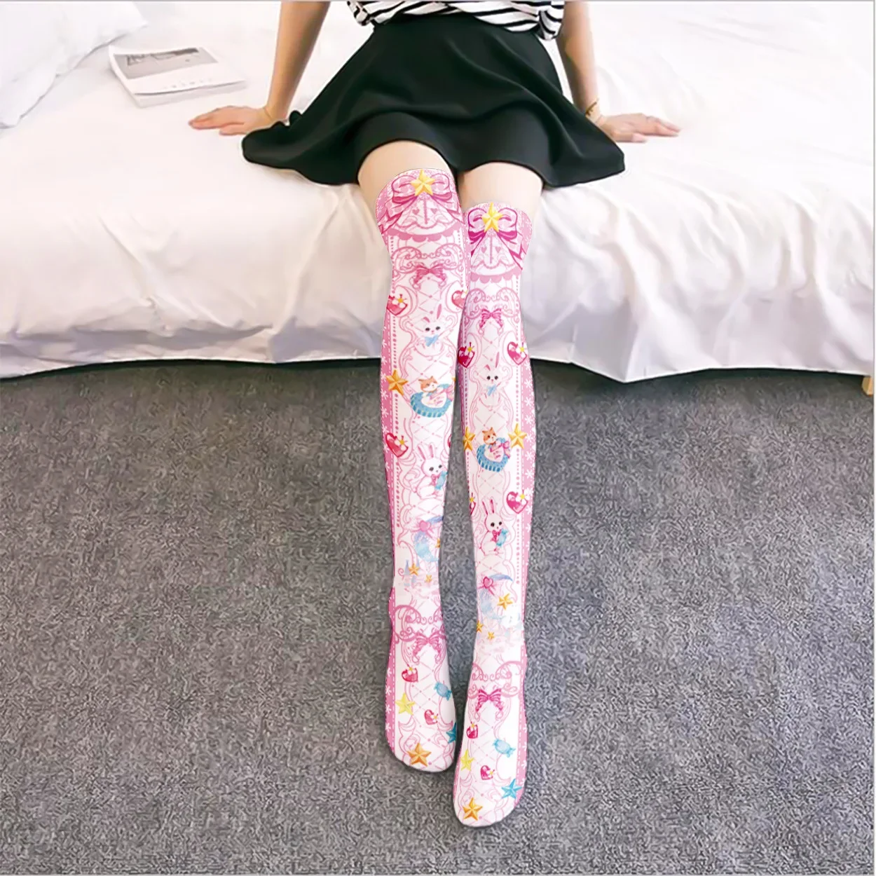 

Printed Silk Stockings Thin Women's Spring and Autumn Japanese Lolita Cute Anime Knee Length Princess Skirt Velvet Socks