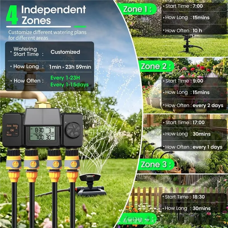 ABKP-Solar Irrigation Timer Automatic Irrigation System 4Zone Smart Irrigation Controller For Garden Outdoor Tap Valve BSP3/4
