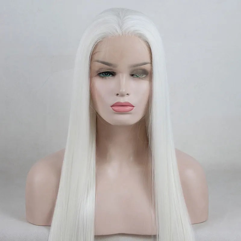 Pure White Straight Hair Synthetic 13X4 Lace Front Wigs High Quality Heat Resistant Fiber Hair Middle Parting For Fashion Women