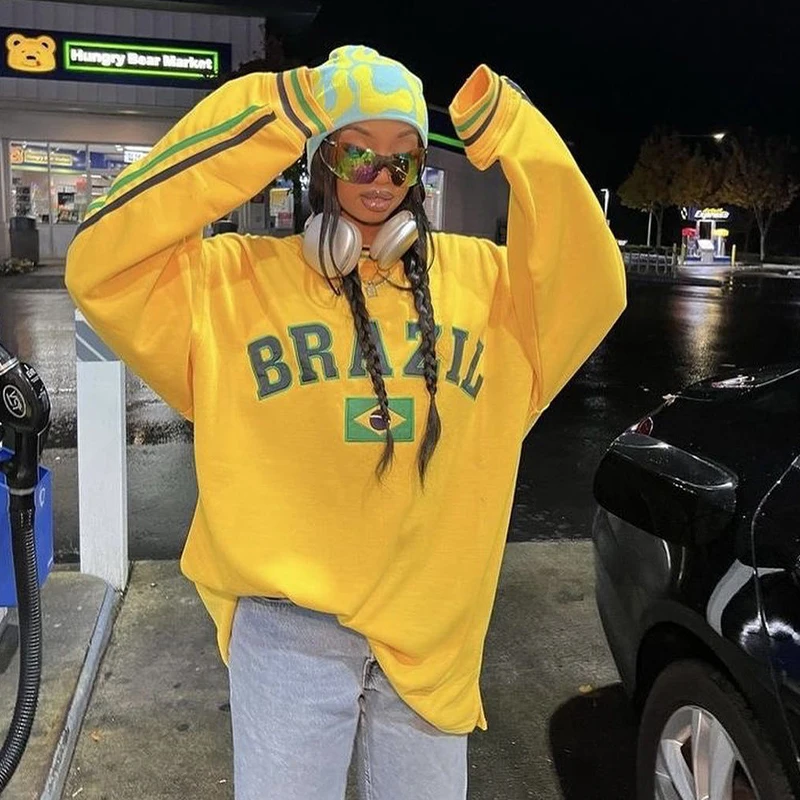 New Women Autumn Brazil Flag Yellow Oversized Hoodies 2000s Aesthetic Long Sleeve Pullover Top Vintage Y2k Sweatshirt Streetwear