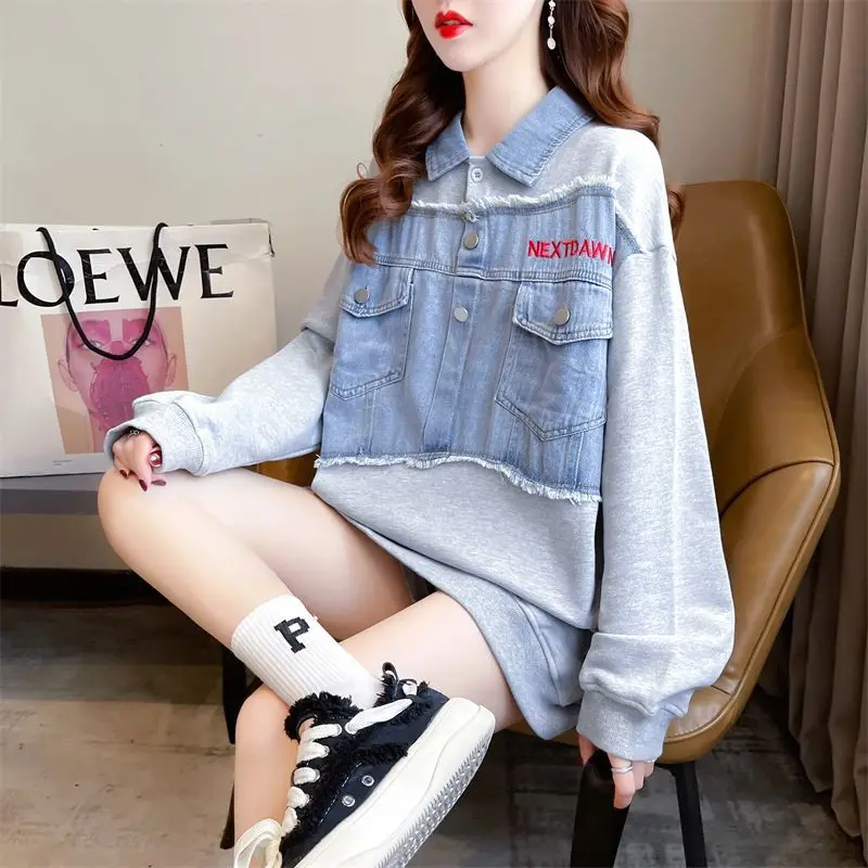 Fashion Spliced Pockets Embroidery Sweatshirts Female Clothing 2023 Autumn Winter Loose Casual Tops Fake Two Pieces Sweatshirts