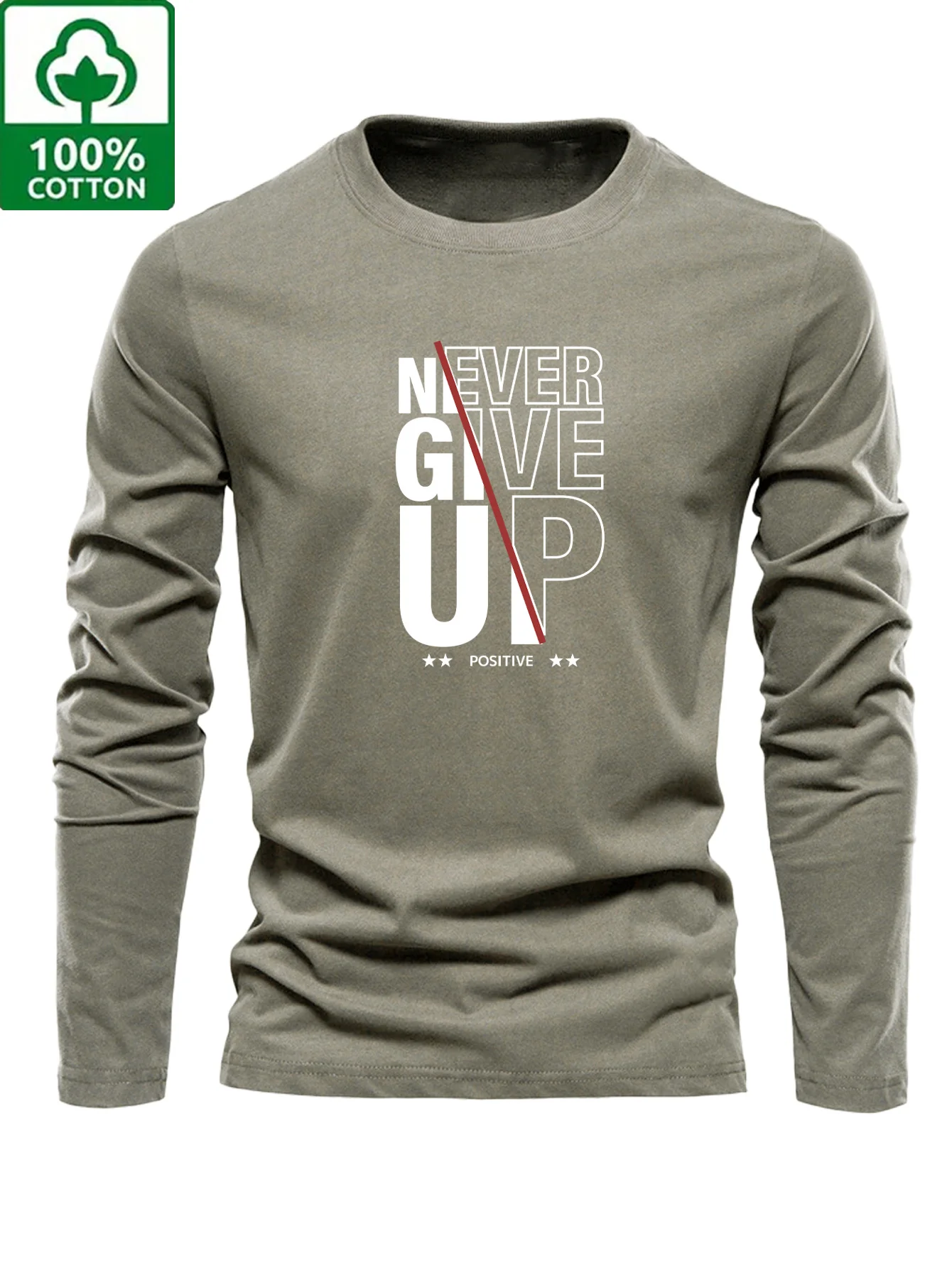 Men's 100% pure cotton loose and fashionable NEVER gift up pattern printed sports and leisure round neck long sleeved T-shirt