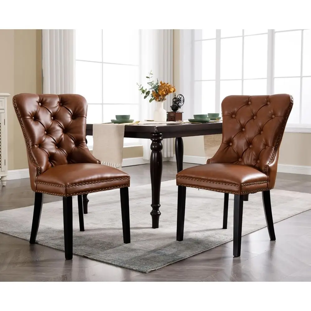 

Mid-Century Modern Style Leather Dining Chairs Set of 2, Upholstered with Nailhead Trim, Suitable for Kitchen/Dining Decor