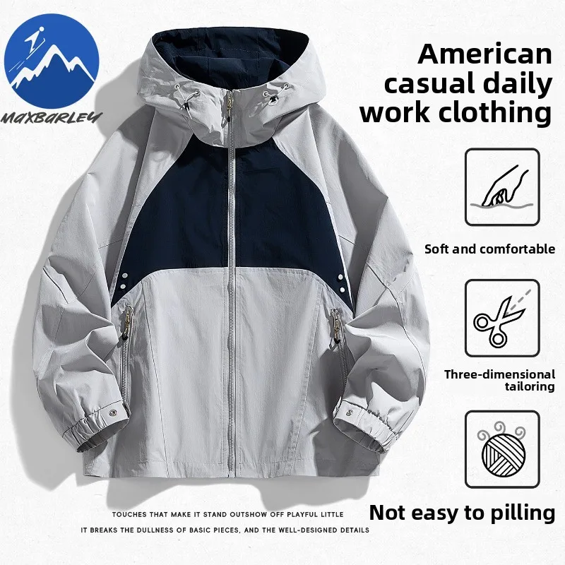 

2026 New Jacket Men Hooded Loose Workwear Trendy Color Block Mountain Style Outdoor Lightweight Waterproof Windbreaker Coat