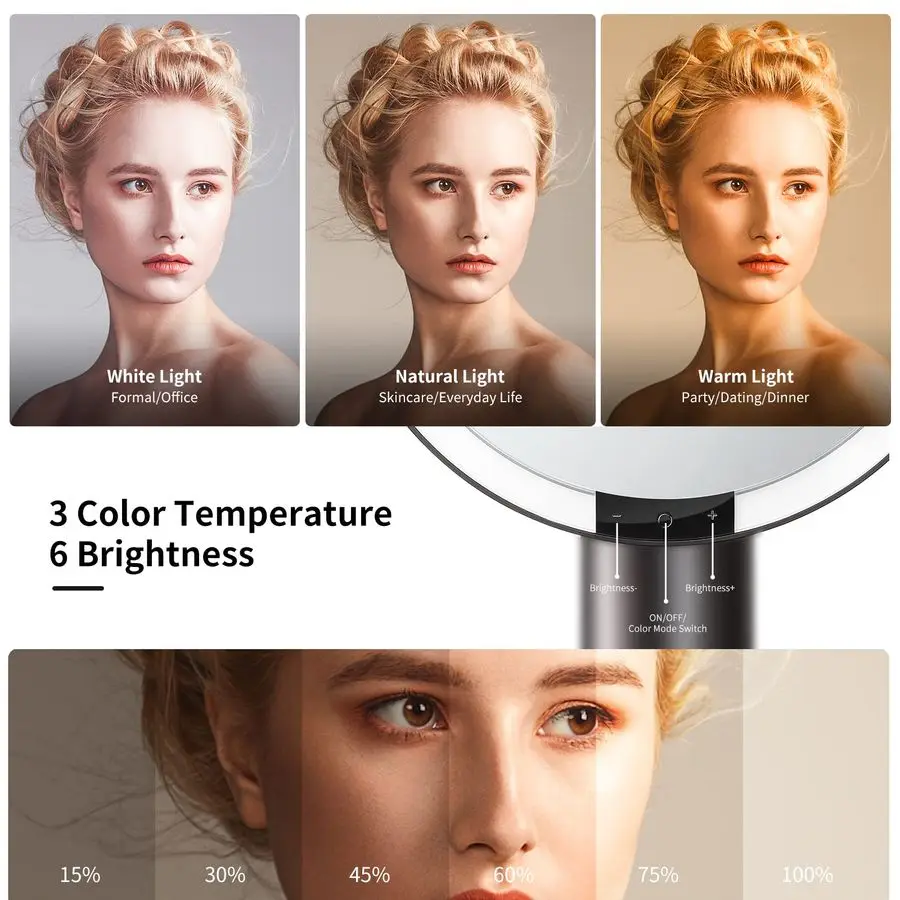 9 مرآة مكياج مضاءة مع مستشعر ذكي للتحكم باللمس، 3 ألوان أمبير 6 سطوع، أمبير لاسلكي قابل لإعادة الشحن، وظيفة الذاكرة