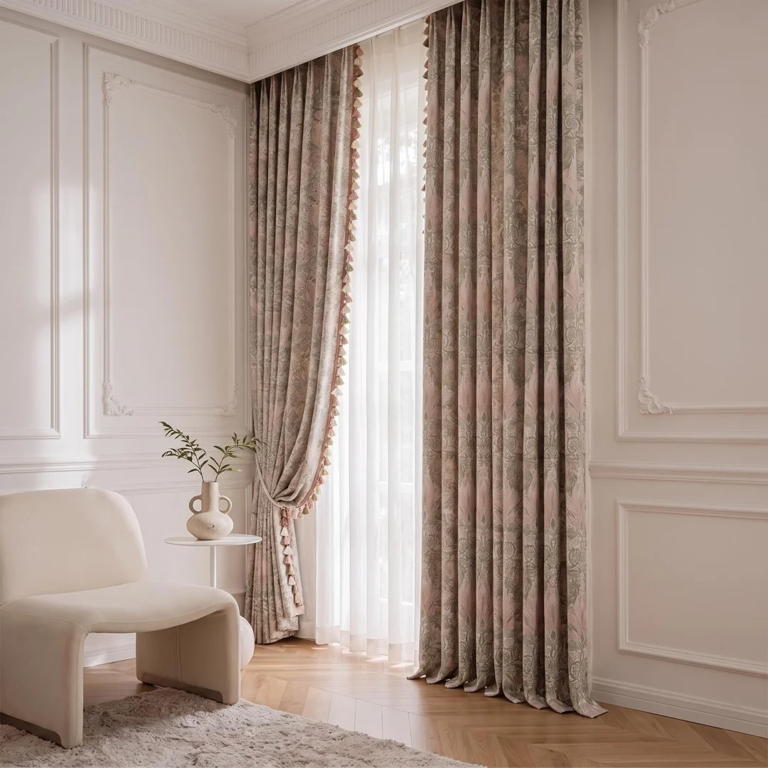 Pink tendril yarn-dyed jacquard curtain fabric bedroom high-grade shading curtain new French curtain niche
