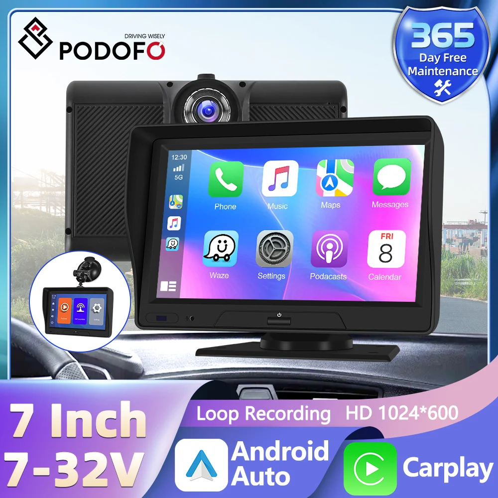 Podofo 1024 x 600 HD 7 Inch Smart Screen Player Wireless CarPlay Android Auto Support AI Voice control For Universal