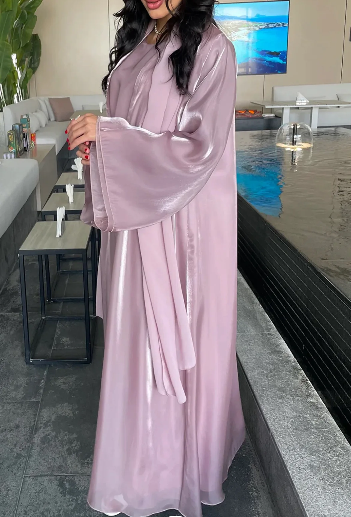 Eid Dubai Luxus glänzender Satin offener Kimono Abaya 2-teiliges Set muslimische bescheidene Kaftan-Kleider Islam-Kleidung für Frauen Robe Femme Kleid