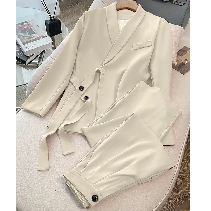 

Women's Belted Waist Suit Set Two-Piece Long Sleeve Mid-Length Polyester Pure Color Spring Autumn Loose Suit Jacket Wide Leg ...