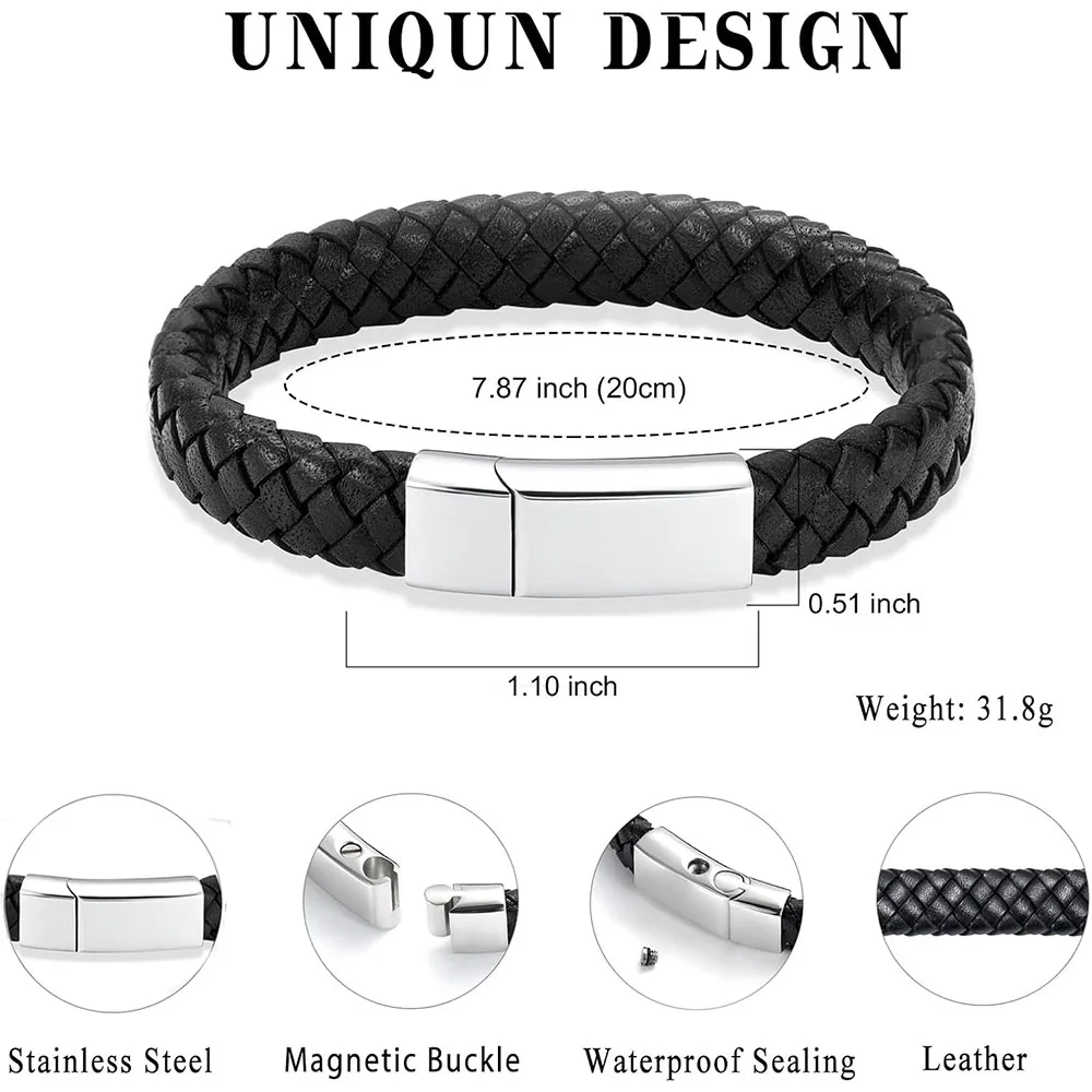 Cremation Jewelry Leather Bracelet Bangle Wristbands for Men Women Stainless Steel Magnetic Braided Cuff Jewelry Keepsake