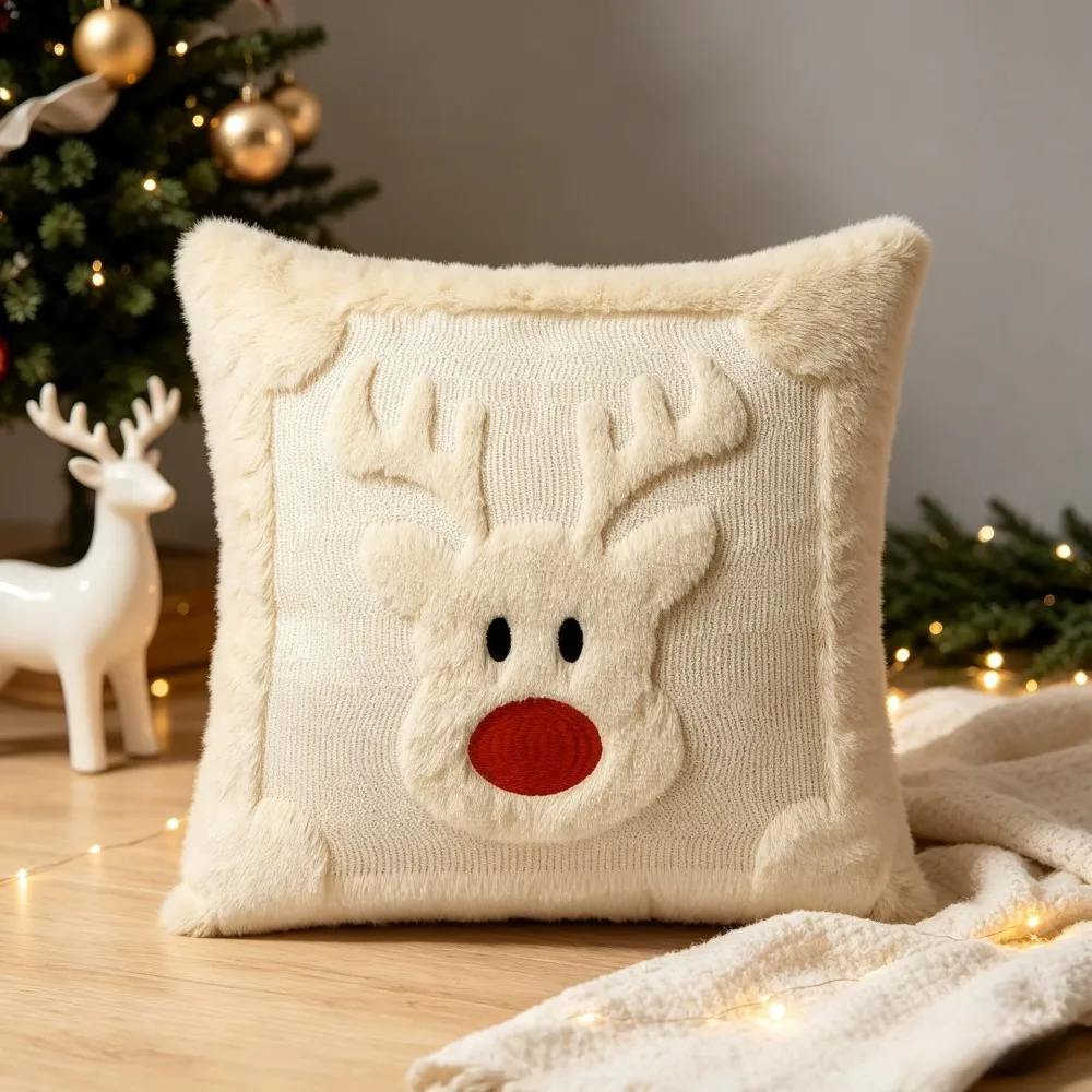 1PC Cartoon Reindeer Pattern Christmas Plush Pillow Cover Sofa Cushion Case Living Room Holiday Decorative Pillowcase Home Decor