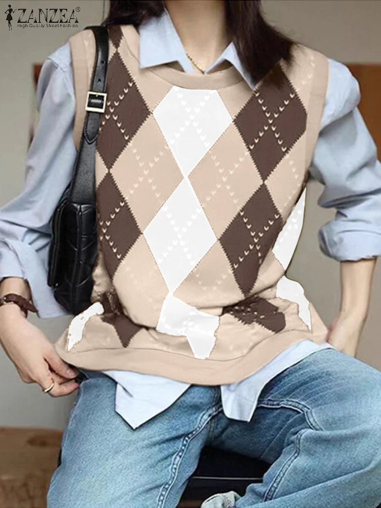 Women Sweater Vest ZANZEA Vintage Diamond grid Printed Camis Korean Fashion Sleeveless Slim Tops Holiday 2025 New Clothes Femme