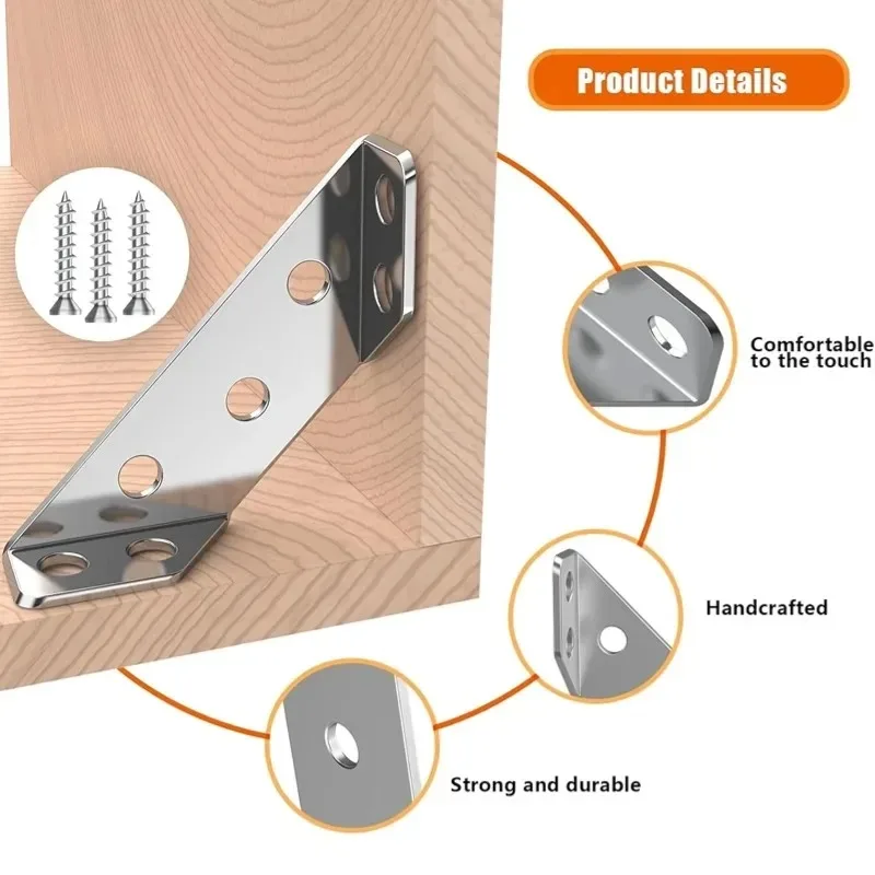 Universal Furniture Corner Connector, Cinta de canto de aço inoxidável com parafusos, Ângulo pesado, Suportes de prateleira para madeira, 120Pcs