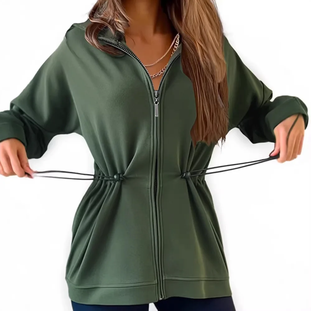 

2026 Army Green Casual Waist Drawstring Sports Hoodie Women Spring Summer Jacket