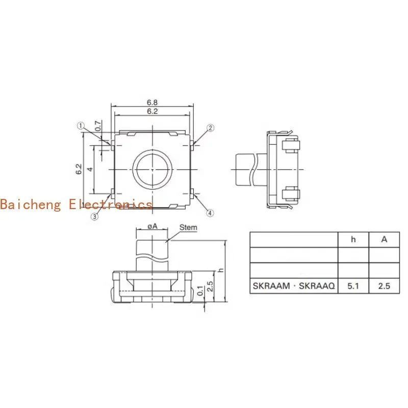 100PCS SKRAAME010 silicone white button touch switch button patch 4-pin 6.2 * 6.2 * 5.1