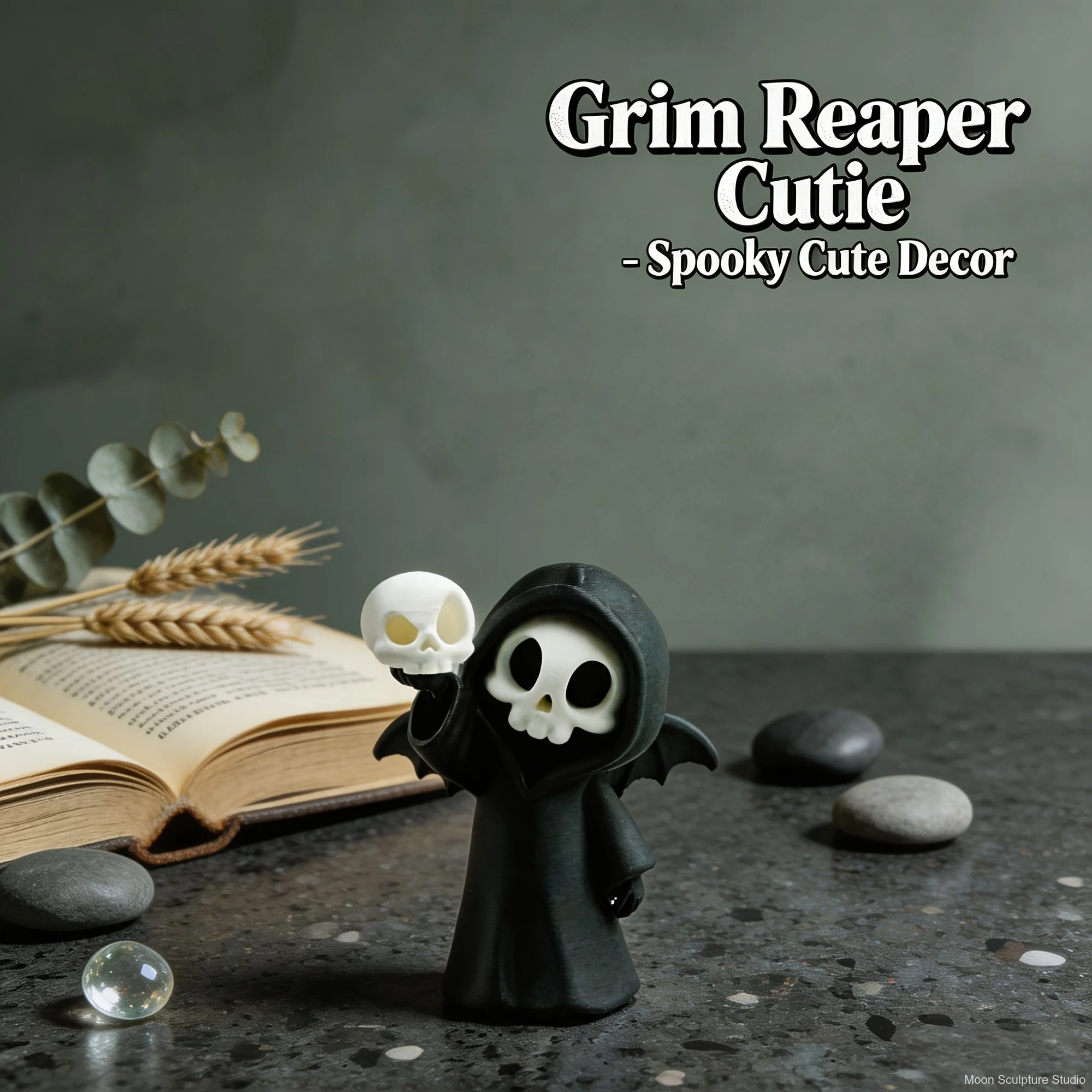 Mini Grim Reaper Resin Figure with Wings, Kawaii Skeleton Statue Holding Skull, Gothic Desktop Ornament for Halloween Party view 2