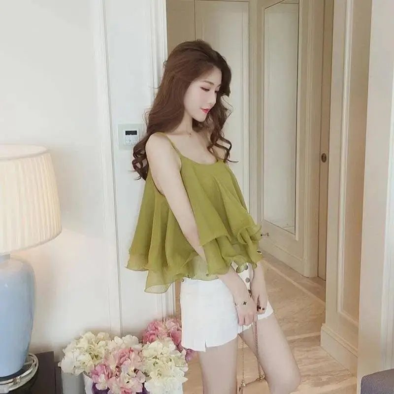 Solid Color Net Yarn Summer Women Loose Chiffon Sling Vest Ruffles Sleeveless Baby Shirt Solid Color Comfortable Refreshing Tops