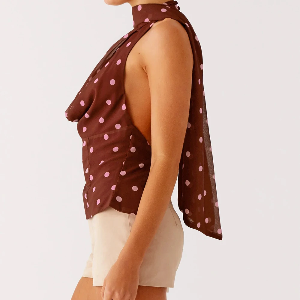 セクシーな水玉模様のプリントベスト、女性用、y2kヴィンテージ、バックレス、ホルターネック、vネック、スキニー、ベーシック、シックなタンクトップ、スカーフ付き、ビーチパーティーに