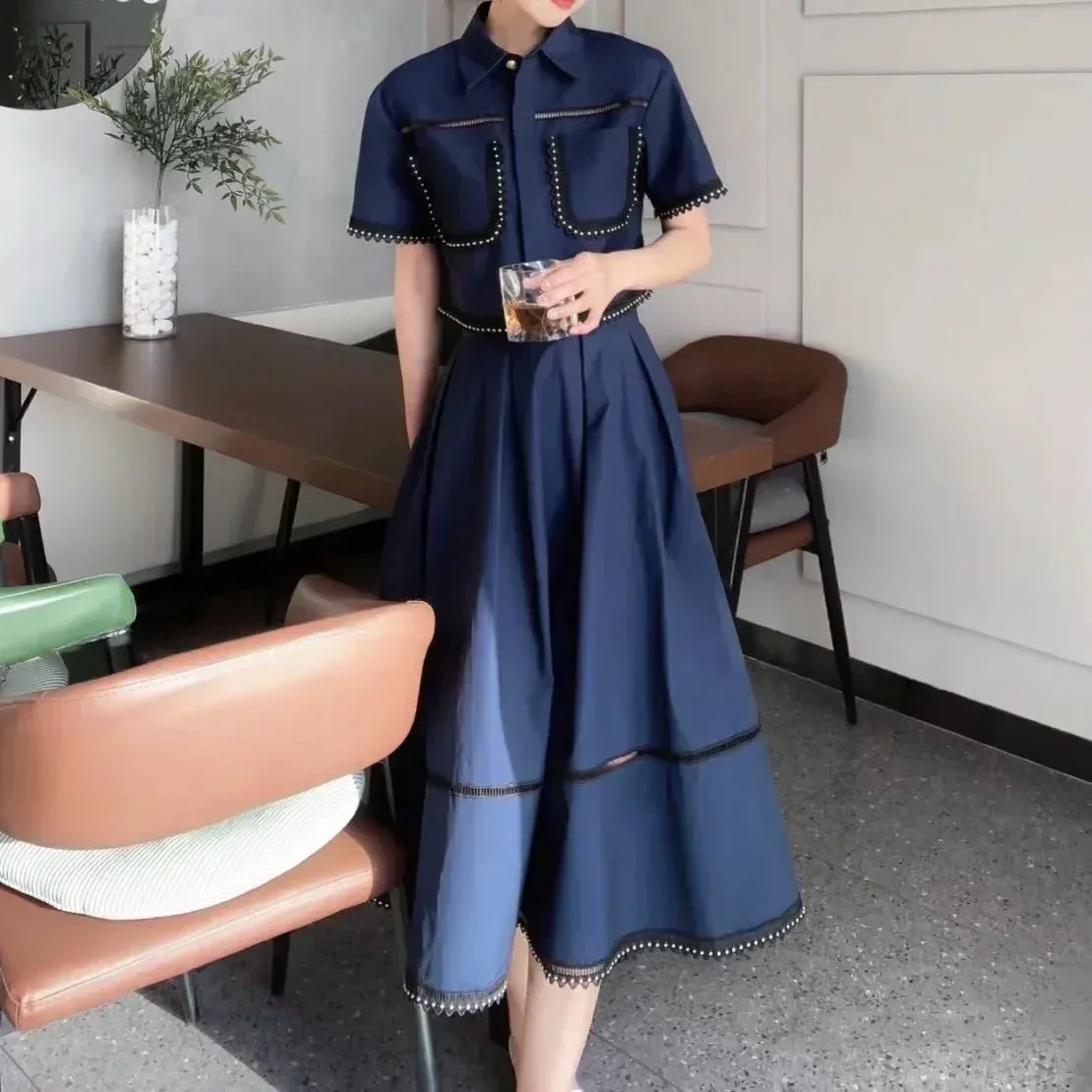 Summer Two Piece Sets for Women Lapel Short Sleeve Tops High Waist A Line Skirt Slim Set Female Fashion New Dresses for Women